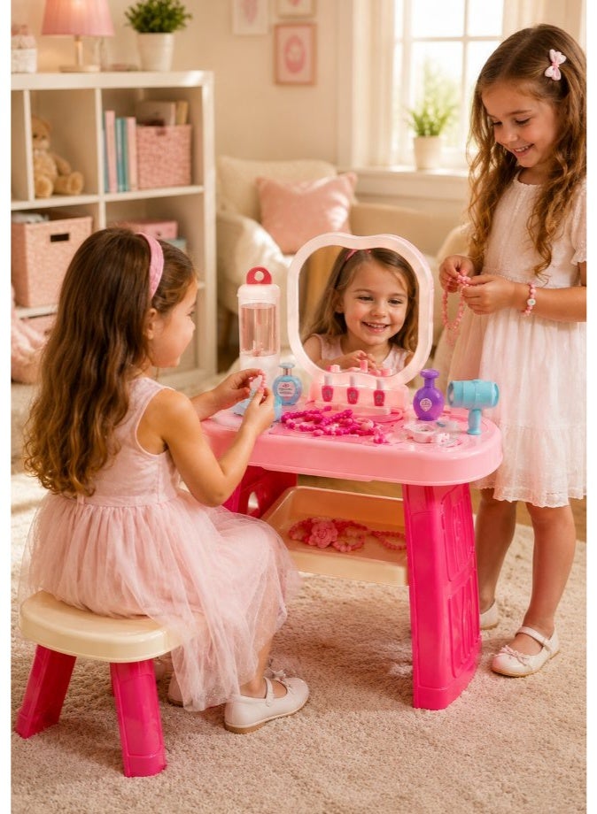 DAT Princess Beauty Vanity Playset with Tri-Fold Mirror & Stool, 26-Piece Deluxe Dressing Table for Girls Ages 3+ - Image 3