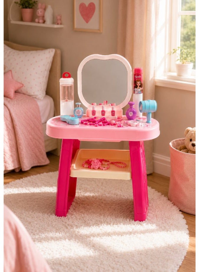 DAT Princess Beauty Vanity Playset with Tri-Fold Mirror & Stool, 26-Piece Deluxe Dressing Table for Girls Ages 3+ - Image 1
