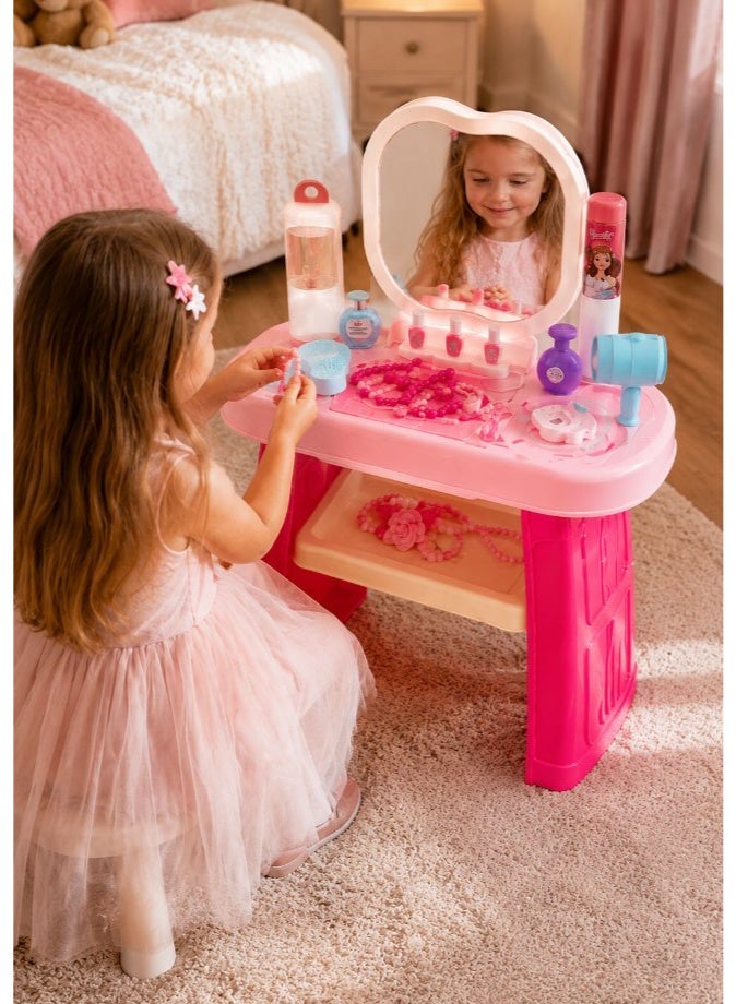 DAT Princess Beauty Vanity Playset with Tri-Fold Mirror & Stool, 26-Piece Deluxe Dressing Table for Girls Ages 3+ - Image 2