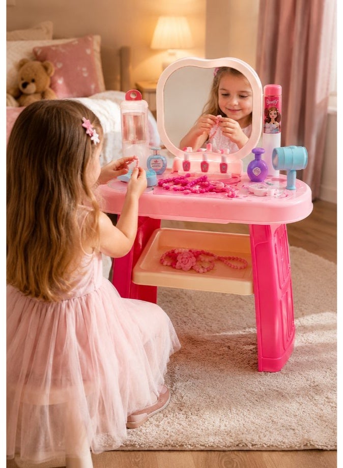 DAT Princess Beauty Vanity Playset with Tri-Fold Mirror & Stool, 26-Piece Deluxe Dressing Table for Girls Ages 3+ - Image 4