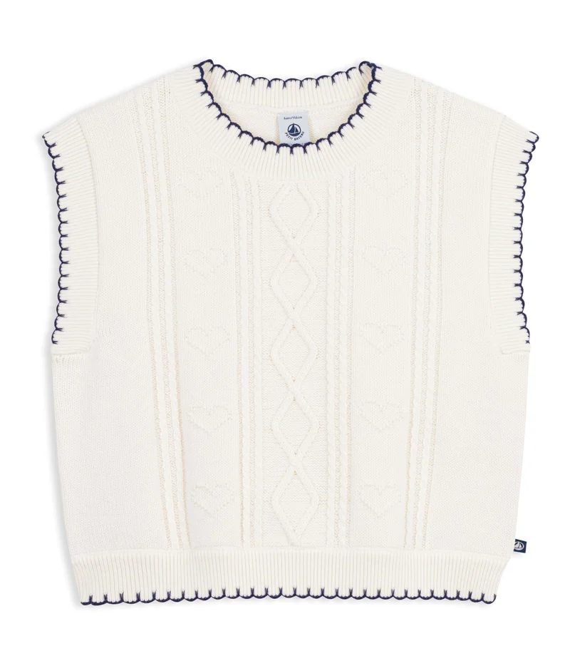 Petit Bateau Children's Sleeveless Wool And Cotton Cable-Knit Jumper
