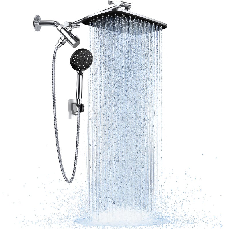 Veken High Pressure Rain Shower Head Combo with Extension Arm- Wide Showerhead with 6 Handheld Water Spray - Adjustable Dual Shower with Anti-Clog Nozzles - Silver Chrome - Image 1