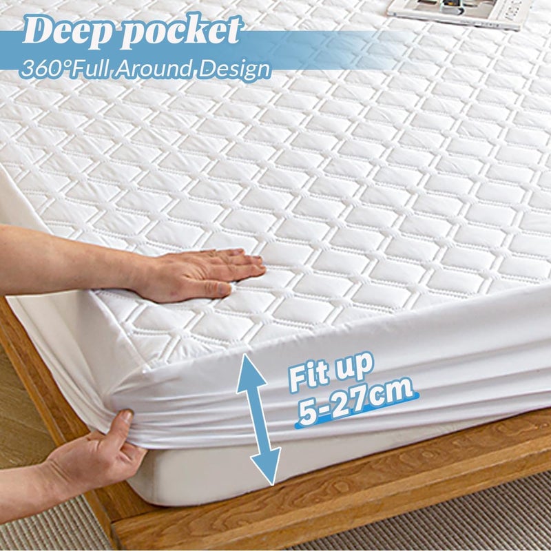Highdi Double Waterproof Quilted Mattress Protector - Deep 30cm Fitted Skirt, White Single Fitted Sheet 135 x 200 cm, Absorbent Fitted Mattress Bed Cover - Image 4