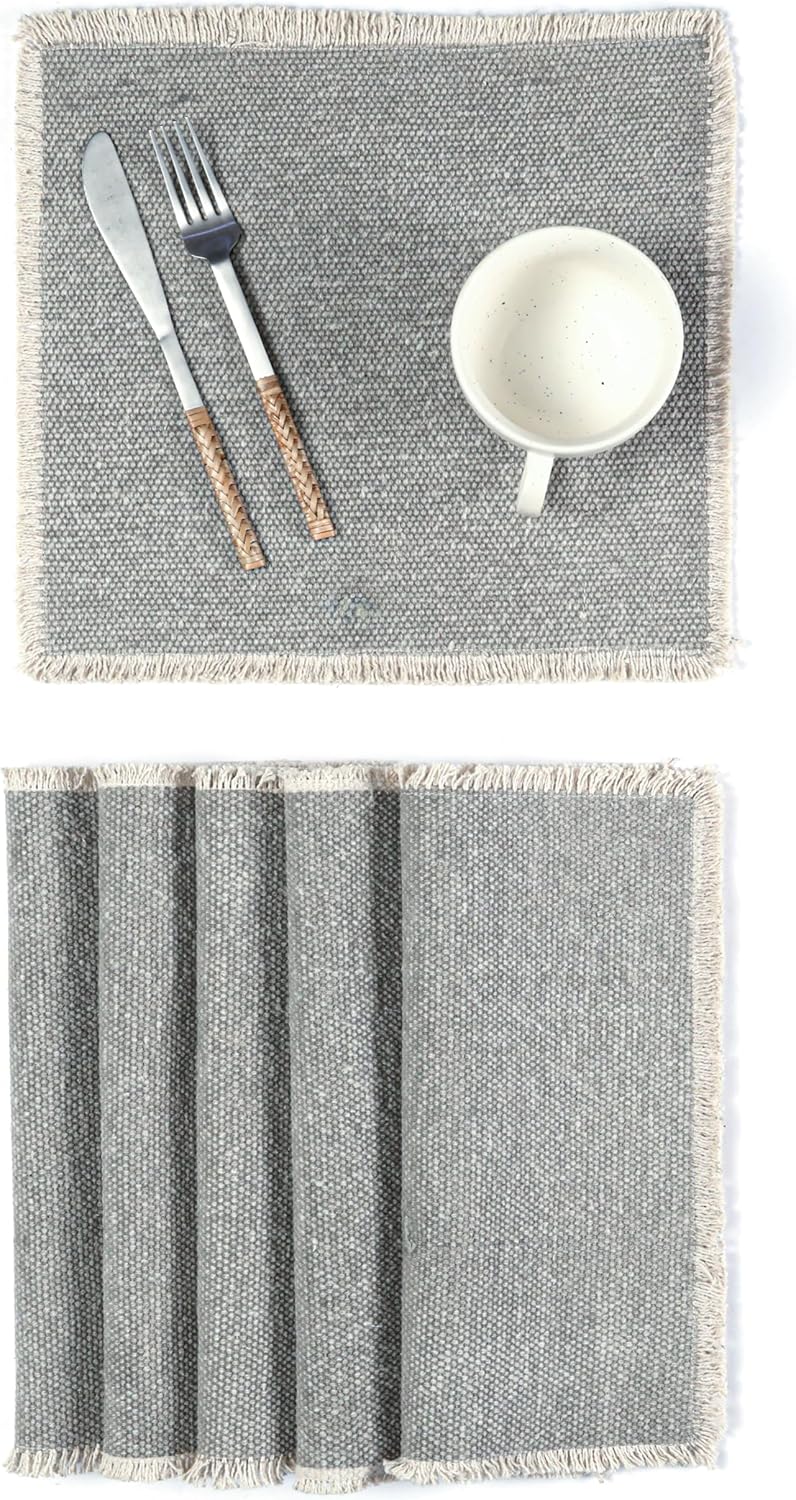 Hausattire Hausattire Cotton Frayed Placemats Set of 6 Dining Table 14x14 Inch  Rustic Farmhouse Boho Washable Placemat for Outdoor Parties BBQs Everyday Use Holiday Special Occasions Nubby Cotton  Grey  - Image 1