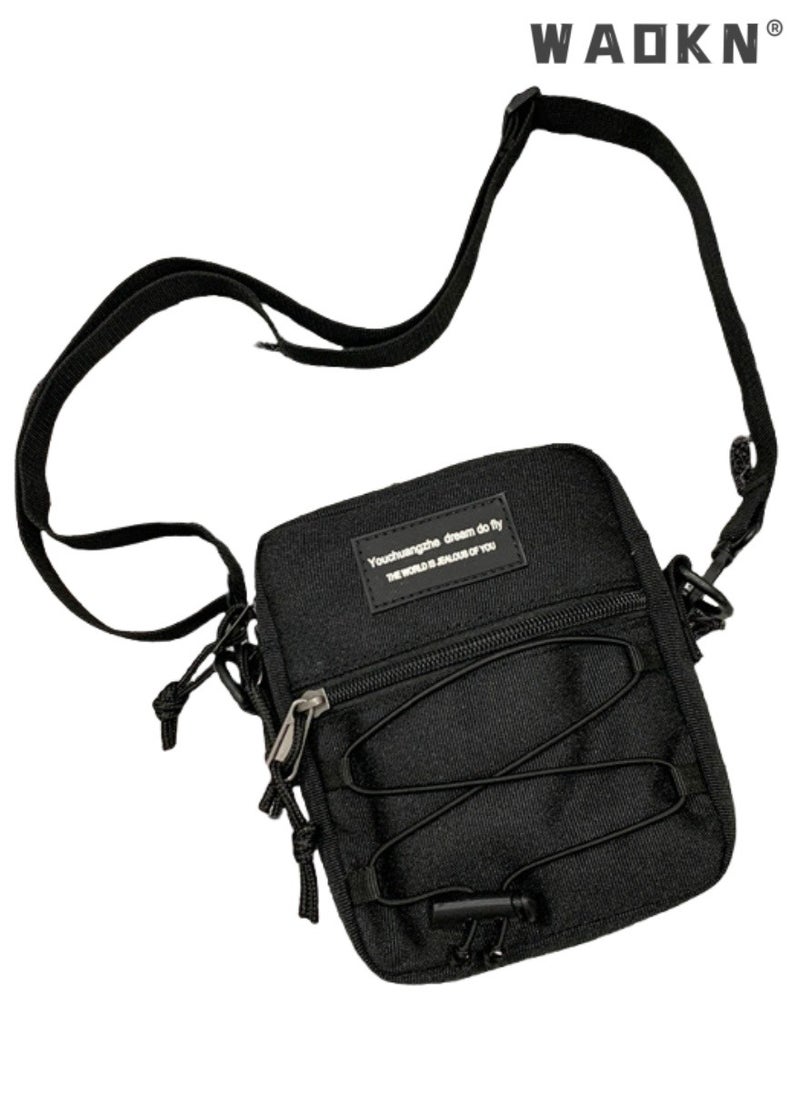 WAOKN - Student Korean Style Retro Trendy Shoulder Bag, Cool Personality Crossbody Bag Messenger Bag for Teenagers, College Student Workwear Drawstring Letter Tote Bag Carry Bags Hiking Daypack (Black) - Image 1