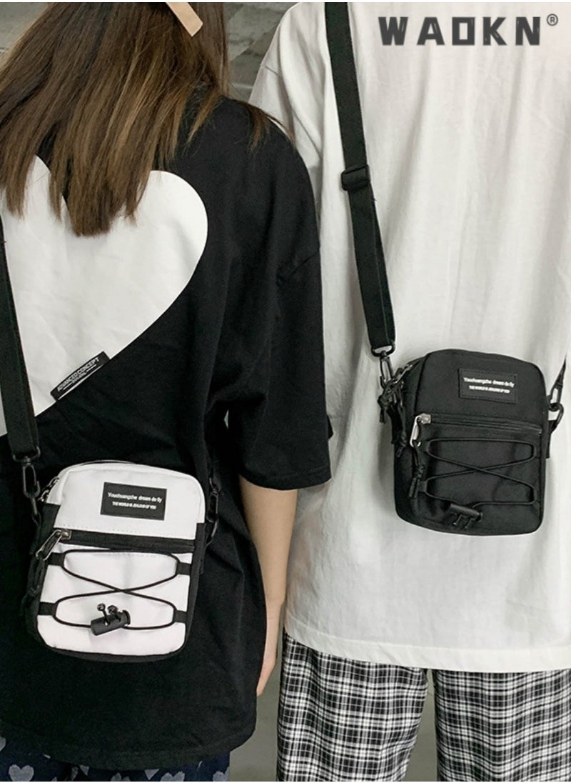 WAOKN - Student Korean Style Retro Trendy Shoulder Bag, Cool Personality Crossbody Bag Messenger Bag for Teenagers, College Student Workwear Drawstring Letter Tote Bag Carry Bags Hiking Daypack (Black) - Image 1