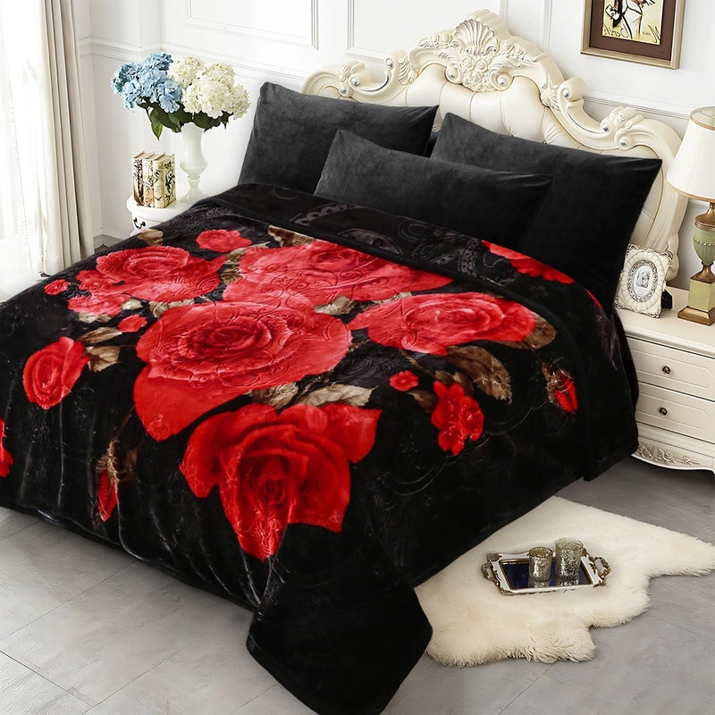 JYK Soft Blanket Korean Mink Blanket 5lb Fleece Blanket Queen Size 75x88 Inch 2 Layer Reversible 520gsm Super Soft Plush Medium Thick Warm Duvet for Autumn Winter Peony - Image 1