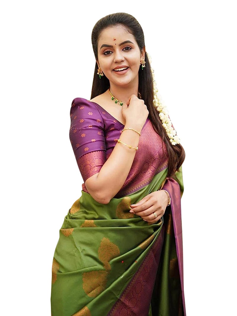 Shiv Textiles Womens Banarasi Silk Saree with Blouse Perfect for Every Occasion Green - Image 3