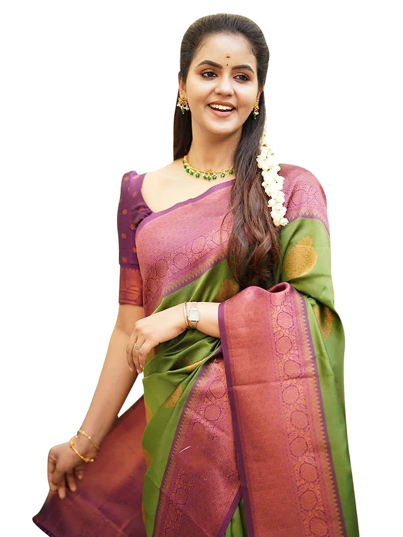 Shiv Textiles Womens Banarasi Silk Saree with Blouse Perfect for Every Occasion Green - Image 4
