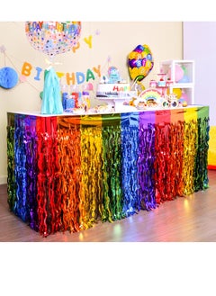 Excefore Rainbow Party Decorations, Rainbow Wavy Table Skirt Party Decorations, 2 Pack Metallic Tinsel Foil Fringe Table Skirts, Perfect Table Decors for Birthday, Holiday, Wedding, Engagement, Bridal Shower  - Image 1