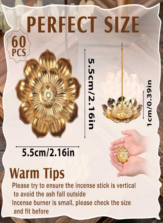 Layhit حامل بخور Layhit مكون من 60 قطعة، هدايا ديوالي بالجملة، 5.5 سم/2.16 بوصة، هدايا تذكارية لطقوس البوجا ونافاراتري، حامل أعواد بخور زهرة اللوتس الذهبية، مصنوع من سبائك الزنك، مانع لتسرب الرماد. - Image 2
