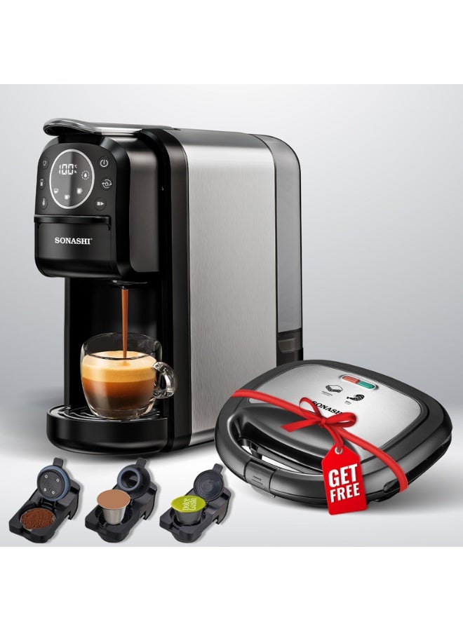 SONASHI Buy 3 in 1 Multi Capsule Coffee Machine and Get - 2 Slice Grill Maker | Digital Touch Coffee Maker with 2 Slice Grill Maker | Nespresso/Dolce Gusto/Coffee Powder Coffee Machine SCM-4984 + SGT-853N 700 ml 1400 W SCM-4984 + SWM-867 Black/Grey - Image 1