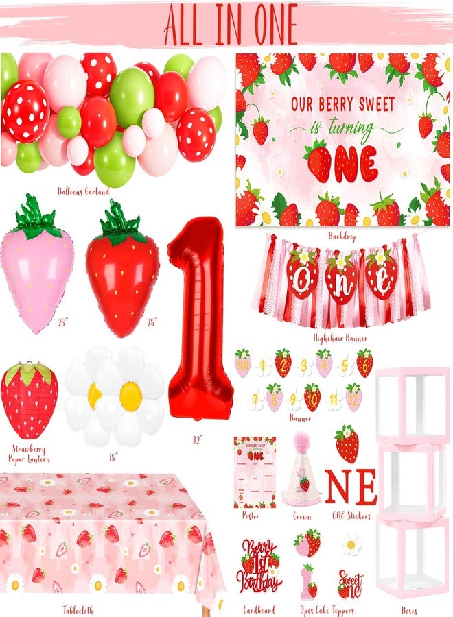Kriyokiaa Berry First Birthday Decor Strawberry 1st Shortcake Birthday Decorations for Girls with Balloon Arch, Highchair Banner Strawberry Theme Backdrop, Photo Banner, Cake Topper - Image 2