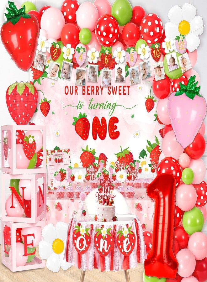 Kriyokiaa Berry First Birthday Decor Strawberry 1st Shortcake Birthday Decorations for Girls with Balloon Arch, Highchair Banner Strawberry Theme Backdrop, Photo Banner, Cake Topper - Image 1