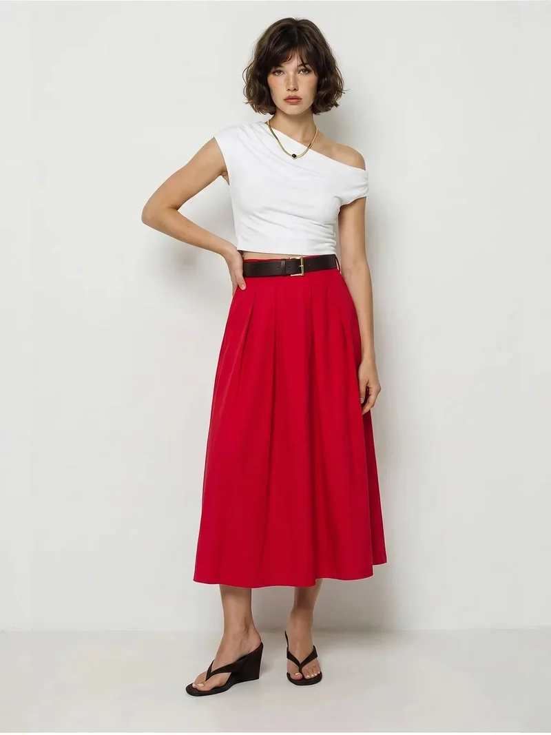 Bianco Lucci LUCCI High-Waist Belted A-Line Maxi Skirt