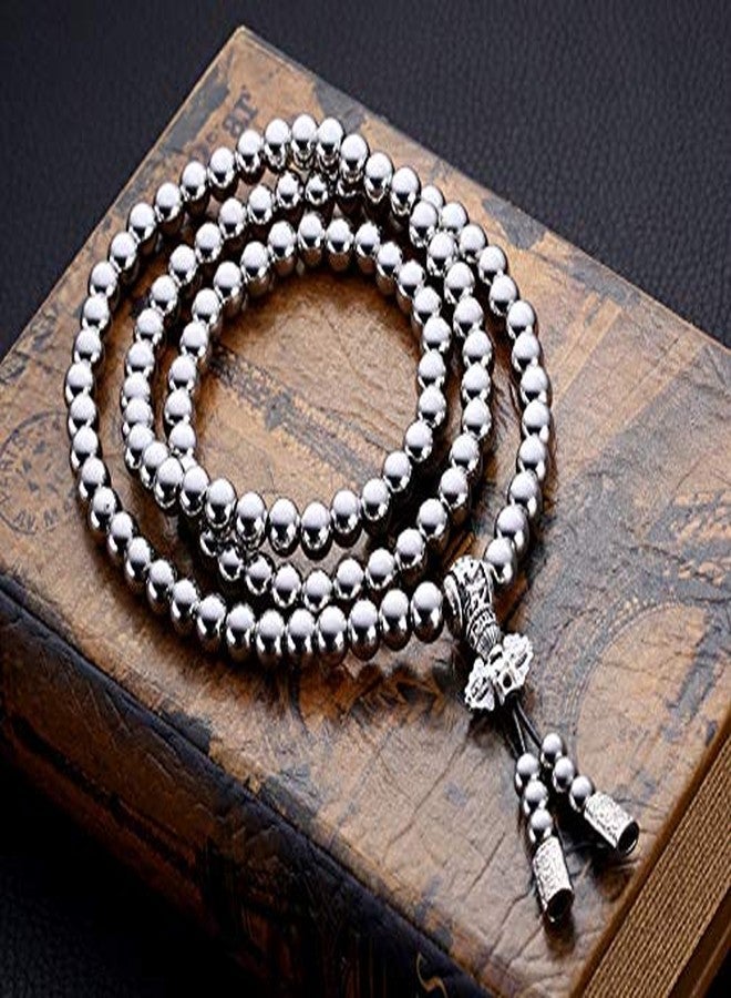 PEPAXON Beads Necklace for Men Cross Necklace Stainless Steel Necklace Chain Waist Chain 108 Buddha Beads Necklace (Silver-Cross) - Image 2