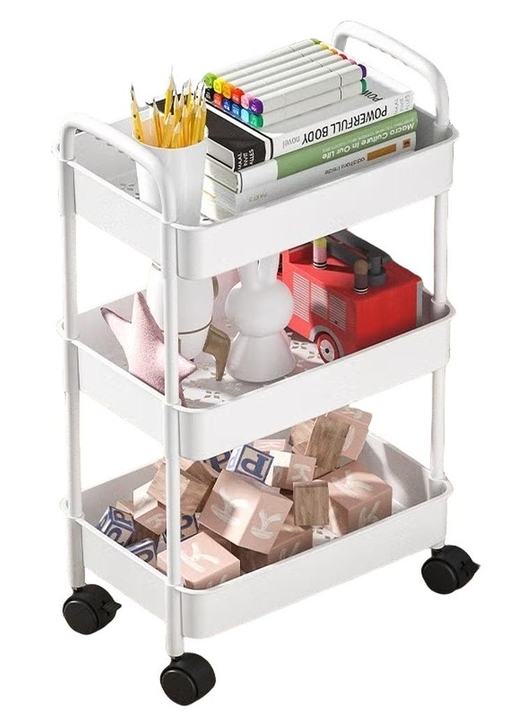 FLYROAD 3-Layer Plastic Utility Roller Cart Pallet Storage Organizer Cart Craft Cart for Kitchen Bathroom Office Living Room (White) - Image 1