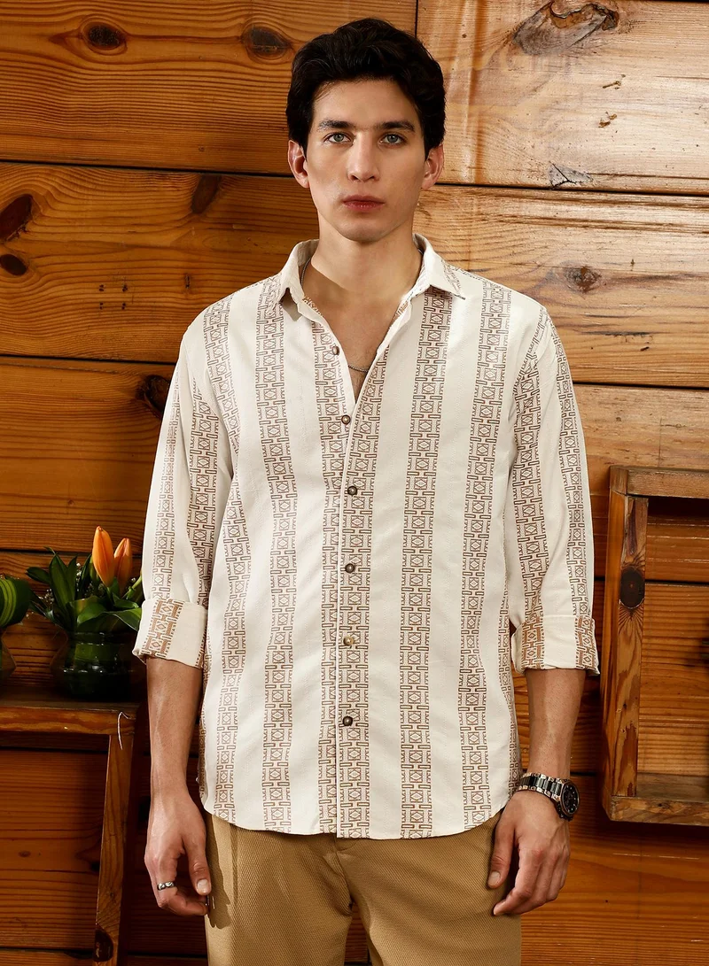 كامبوس سوترا Campus Sutra Men's Ash Brown & Off-White Indie-Stripe Jacquard Shirt | Spread Collar , Long  Cuffed Sleeves , Button Closure | Geometric-Stripes Jacquard | Cotton-Blend Shirt For Casual Wear