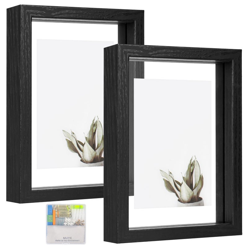 مجموعة إطارات عائمة MUYE 5x7 من 2 إطار زجاجي مزدوج لعرض أي صورة بحجم يصل إلى 5x7 مثبت على الحائط أو قائم على الطاولة باللون الأسود