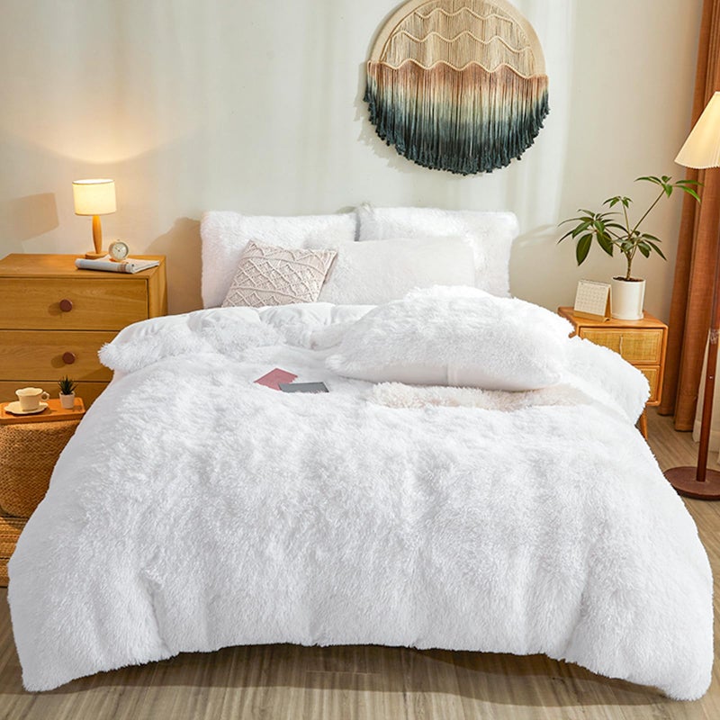 Fluffy Faux Fur White Comforter Cover Queen Set  Plush Fluffy White Bedding 3Piece Set 1 Duvet Cover  2 Furry Pillow Shams Cozy Bed Set
