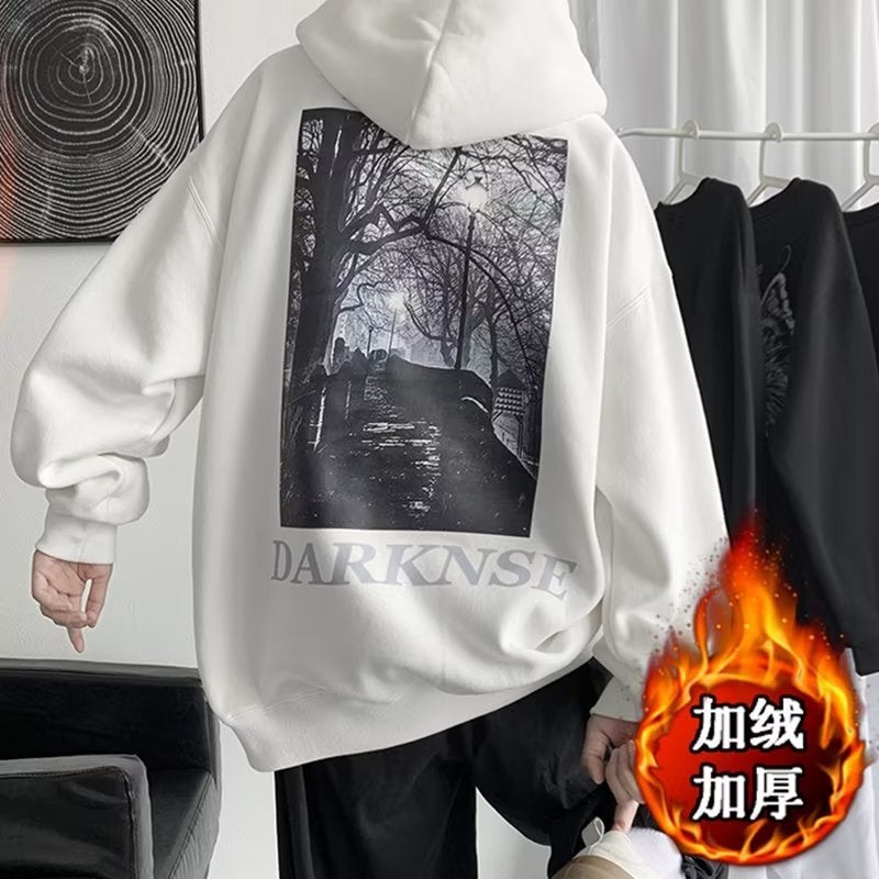 American retro fleece-lined hooded sweater mens autumn and winter Hong Kong style ins fashion brand all-match loose plus size casual jacket Y62 White