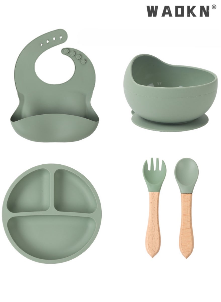 WAOKN 5PCS Baby Silicone Sucker Plate Bowl Bibs Spoon Fork Cutlery Sets Baby Toddler Bib Divided Plate and Bowl Self Feeding Spoons Dish Set | Baby Eating Utensils | Toddler Feeding Supplies Kids Gift
