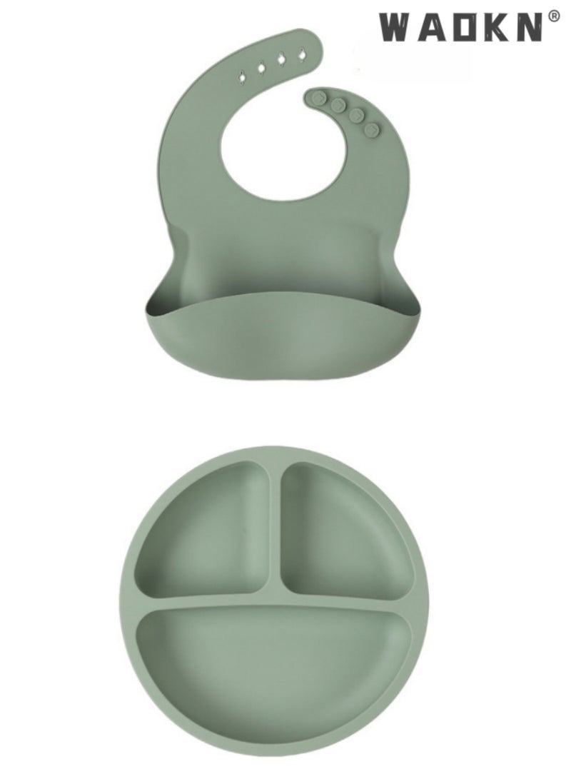 WAOKN 5PCS Baby Silicone Sucker Plate Bowl Bibs Spoon Fork Cutlery Sets Baby Toddler Bib Divided Plate and Bowl Self Feeding Spoons Dish Set | Baby Eating Utensils | Toddler Feeding Supplies Kids Gift - Image 4
