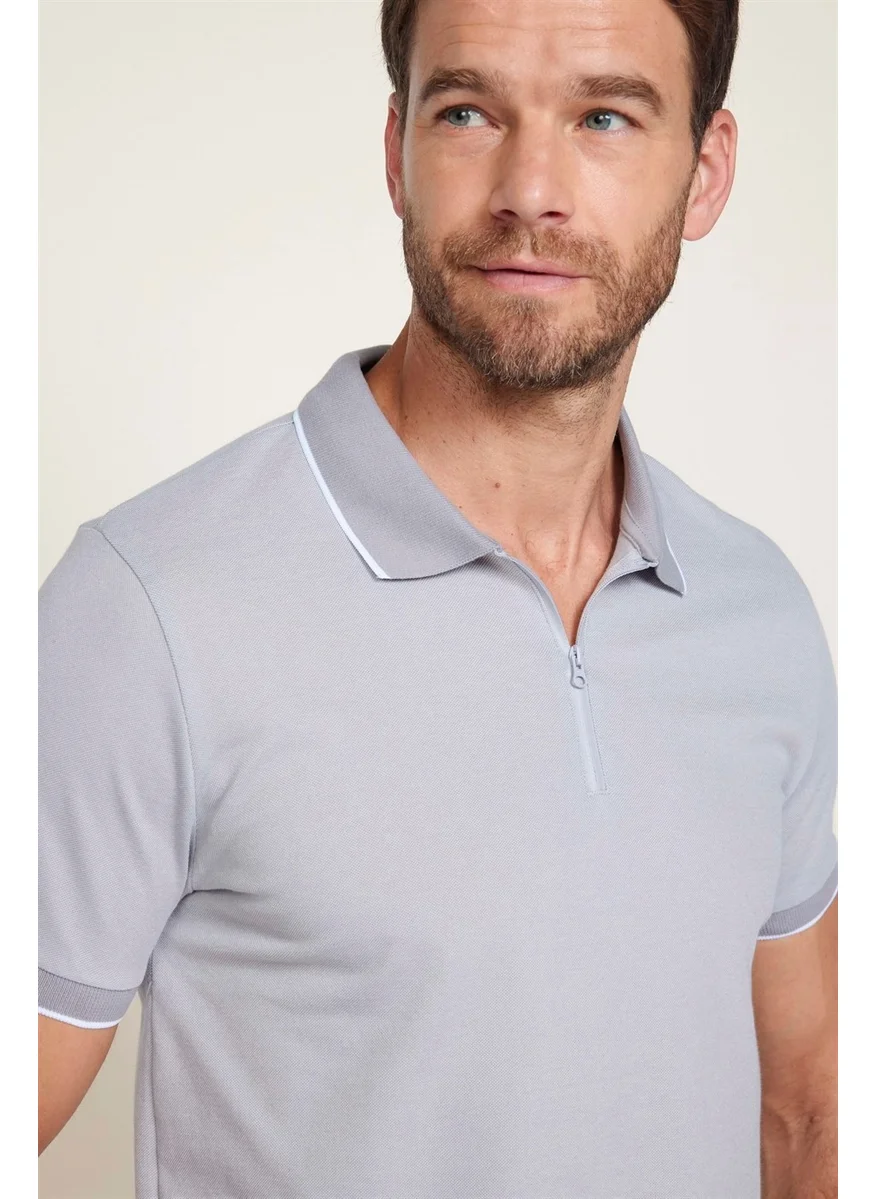 تودورس Men's Slim Fit Zippered Polo Neck Pique Cotton Gray T-Shirt