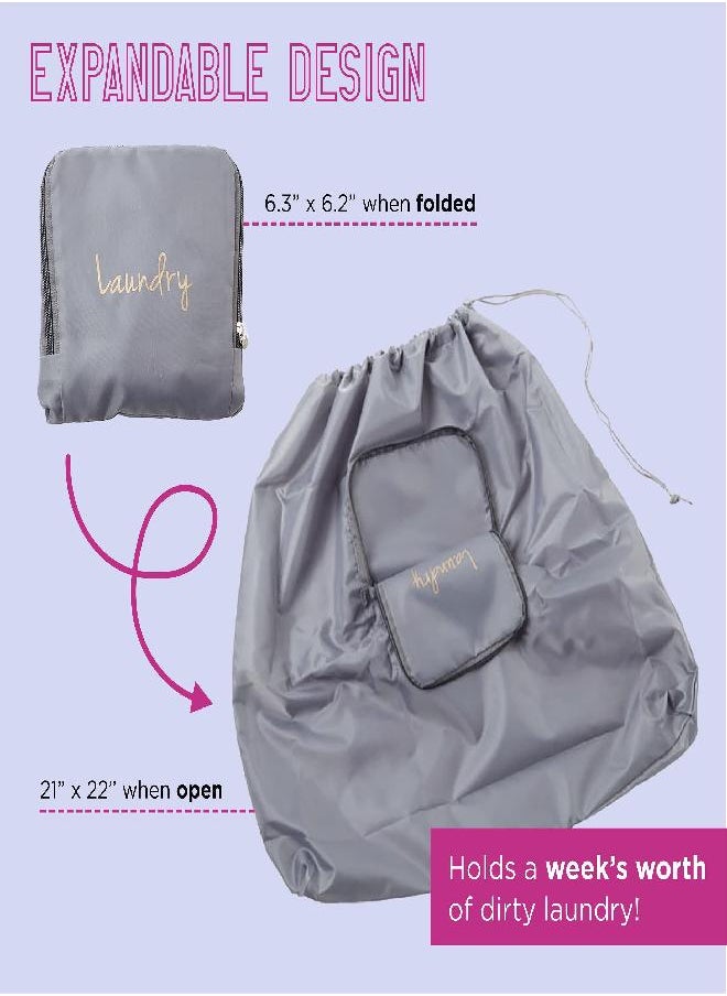 Miamica Miamica Soft Travel Laundry Bag with Zipper and Drawstring, Gray/Gold, 21” x 22” - Keep Your Dirty Clothes Separate and Your Suitcase Organized - Expandable, Durable, and Foldable Laundry Bag  - Image 2