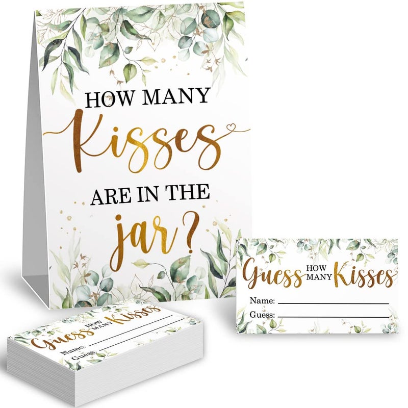 Kadiak How Many Kisses in The Jar Bridal Shower Game Wedding Shower Games Bachelorette Party Night Eucalyptus Leaf Neutral Party Game Cards Bridal Party Decorations 1 Standing Sign and 50 Pcs Cards - Image 2