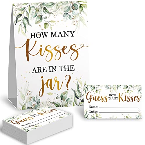 Kadiak How Many Kisses in The Jar Bridal Shower Game Wedding Shower Games Bachelorette Party Night Eucalyptus Leaf Neutral Party Game Cards Bridal Party Decorations 1 Standing Sign and 50 Pcs Cards - Image 1