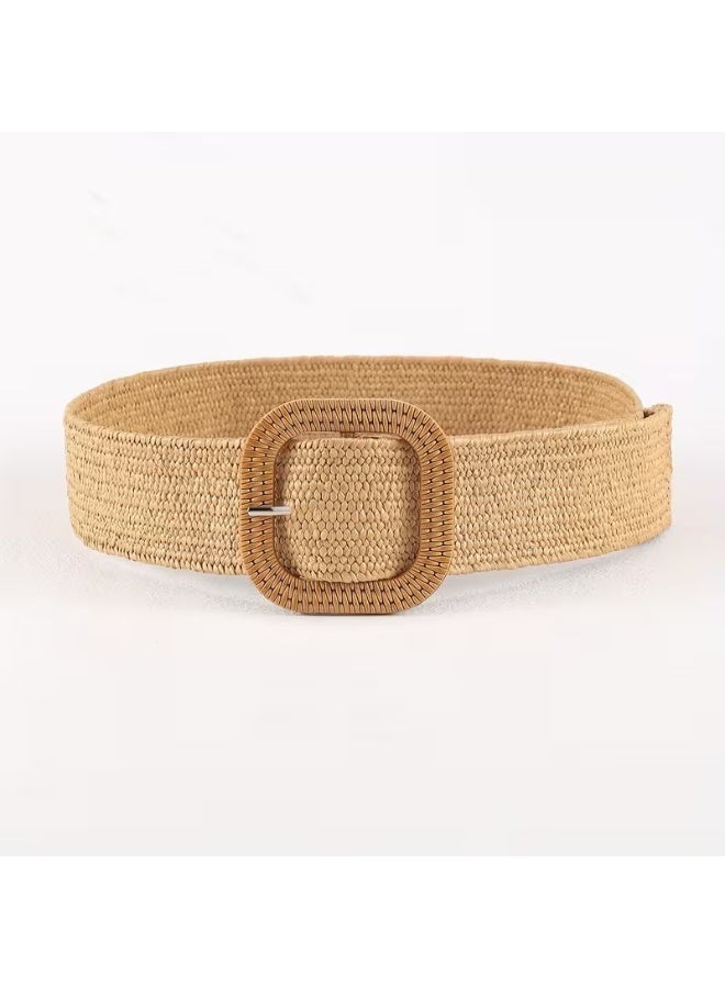 Goolsky Classic Square Buckle Boho Belts Solid Color Braided Straw Belt Elastic Waistband Simple Jeans Belt Dress Girdle For Women - Image 4