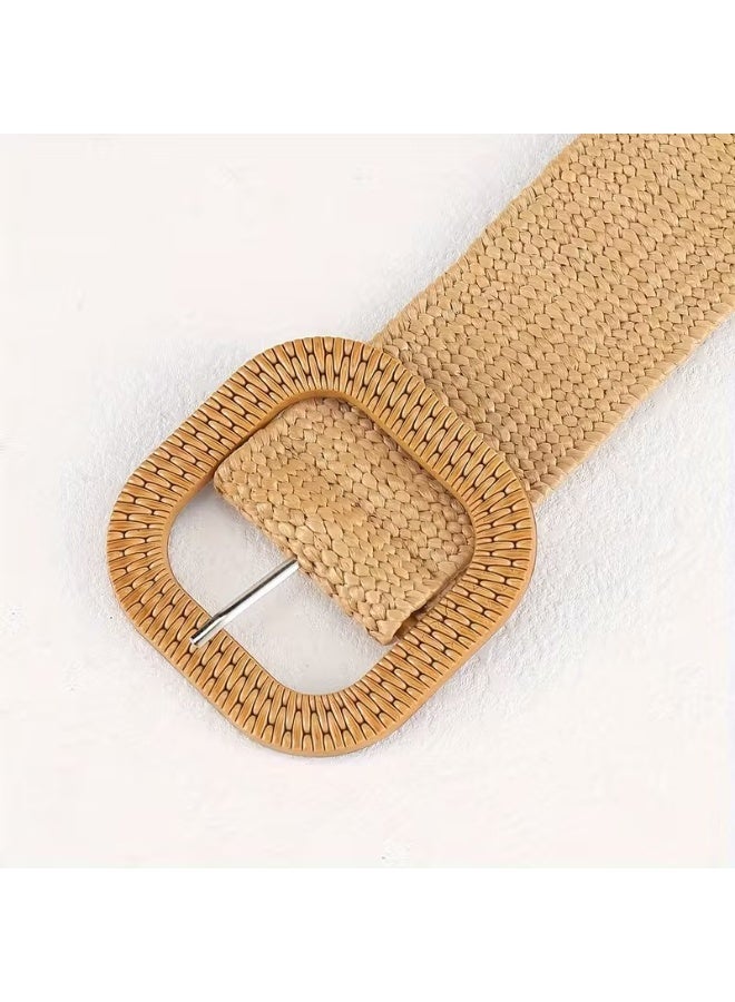 Goolsky Classic Square Buckle Boho Belts Solid Color Braided Straw Belt Elastic Waistband Simple Jeans Belt Dress Girdle For Women - Image 5