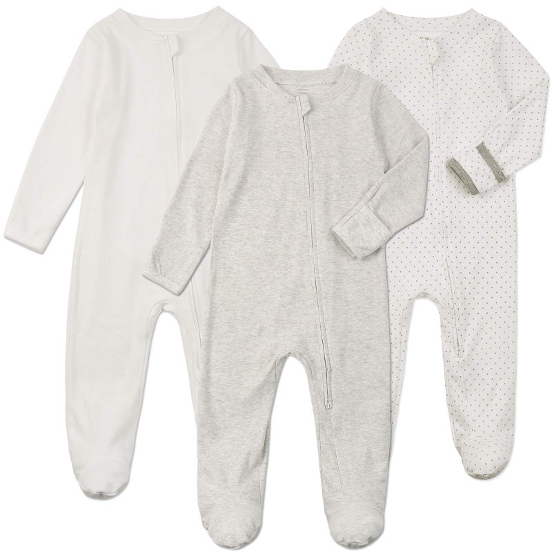 Aablexema Baby Footie Pajamas with Mittens - 3Pcs Infant Cotton Footed One Piece Sleepwear Outfits(9-12m, White/Grey/Dot) - Image 1
