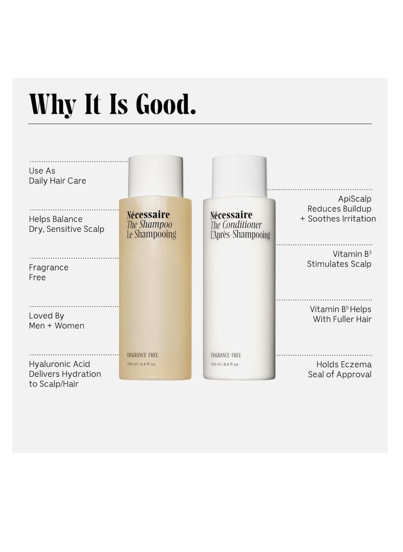 Necessaire Nécessaire The Hair Duo - Shampoo and Conditioner Set 2 x Full-Size. The Shampoo + The Conditioner. Hyaluronic Acid + Vitamin B Complex. Fragrance-Free. Approved by the National Eczema Association.  - Image 2