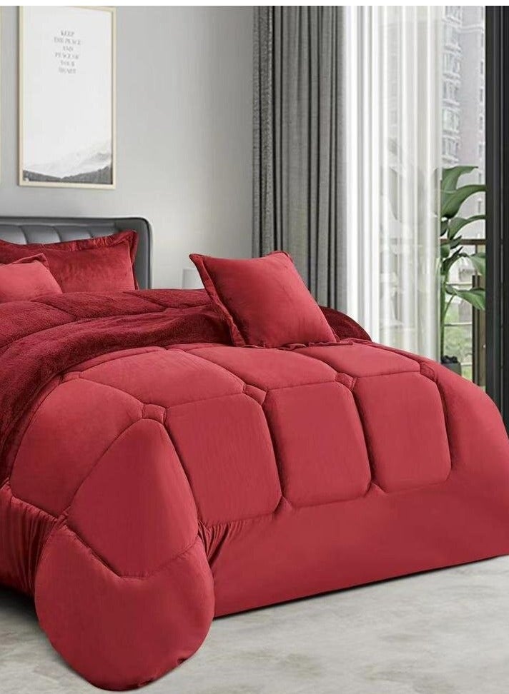 مينج لي مفرش ملكي 6 قطع نفرين شتوي وجهين وجه مخمل وجه فرو مقاس كينج 220x240 سم احمر - Image 3