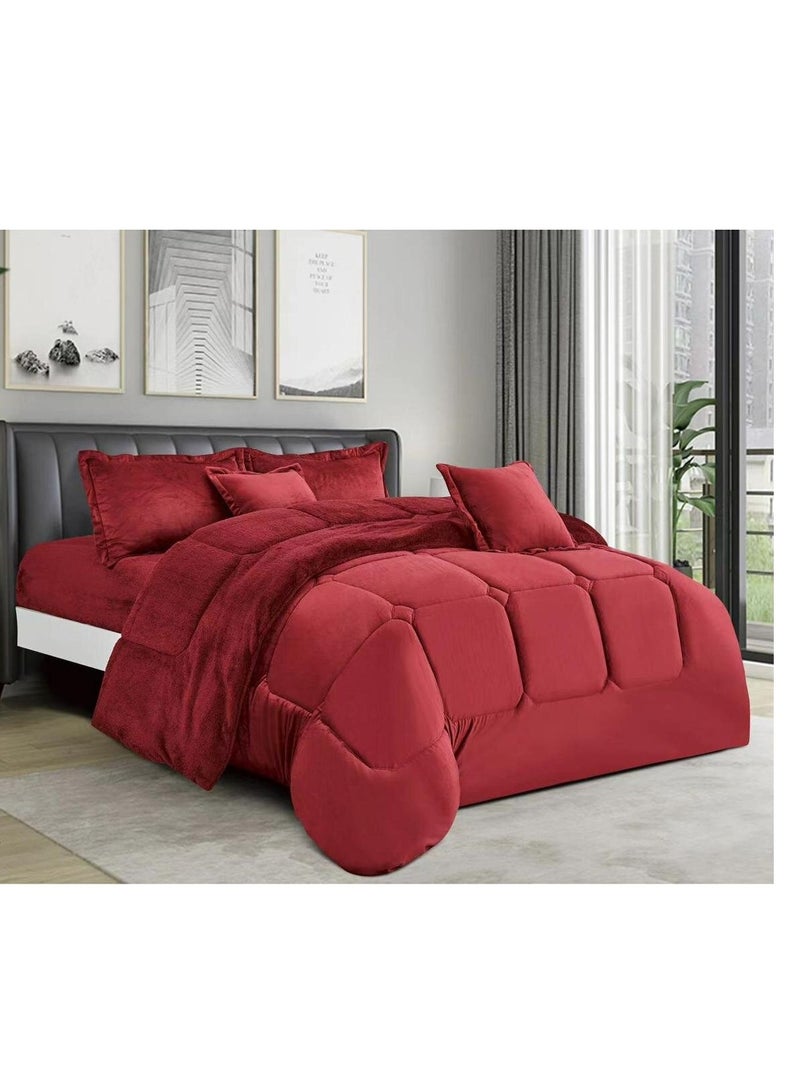 مينج لي مفرش ملكي 6 قطع نفرين شتوي وجهين وجه مخمل وجه فرو مقاس كينج 220x240 سم احمر - Image 1