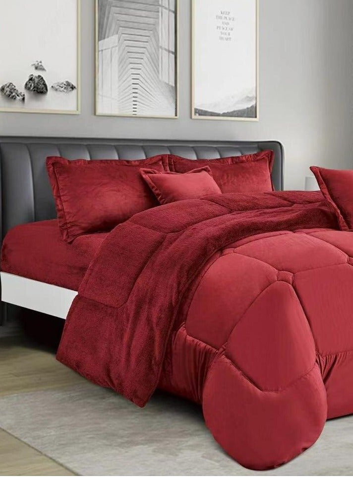 مينج لي مفرش ملكي 6 قطع نفرين شتوي وجهين وجه مخمل وجه فرو مقاس كينج 220x240 سم احمر - Image 2