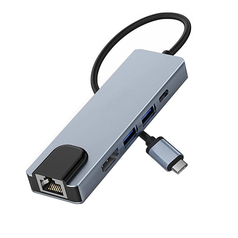محطة توصيل نوع سي خمسة في واحد، بطاقة شبكة جيجابايت، محور USB-C إلى HDMI 3.0، محطة توسيع لـ لابتوب - رمادي 5 في 1 - Image 5