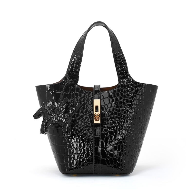 Kadynow Tote Bag for Women Vegan Leather Bucket Purse for Women Crocodile Pattern Top Handle Handbag Shoulder Bag with Detachable Small Purse Black - Image 1