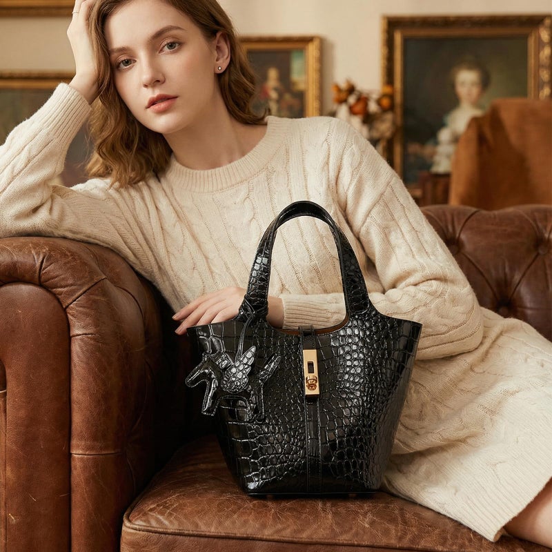Kadynow Tote Bag for Women Vegan Leather Bucket Purse for Women Crocodile Pattern Top Handle Handbag Shoulder Bag with Detachable Small Purse Black - Image 4