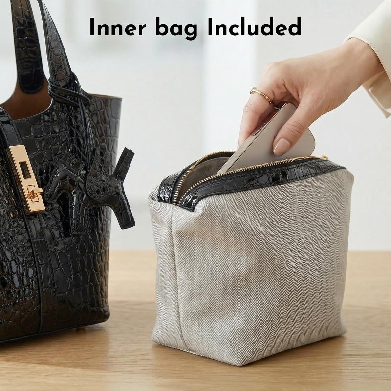 Kadynow Tote Bag for Women Vegan Leather Bucket Purse for Women Crocodile Pattern Top Handle Handbag Shoulder Bag with Detachable Small Purse Black - Image 5