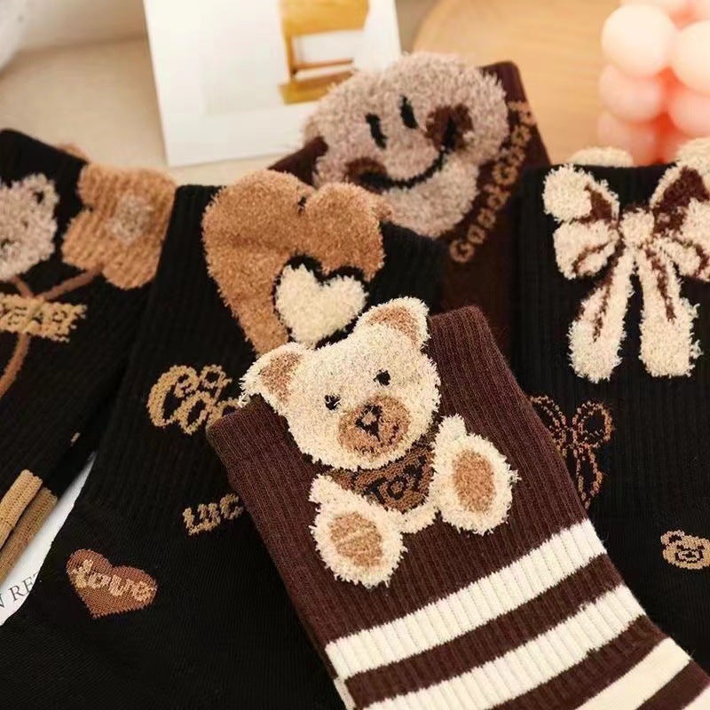 New Brown Feather Yarn Bear Knee-High Socks for Women Flowers  - Image 5