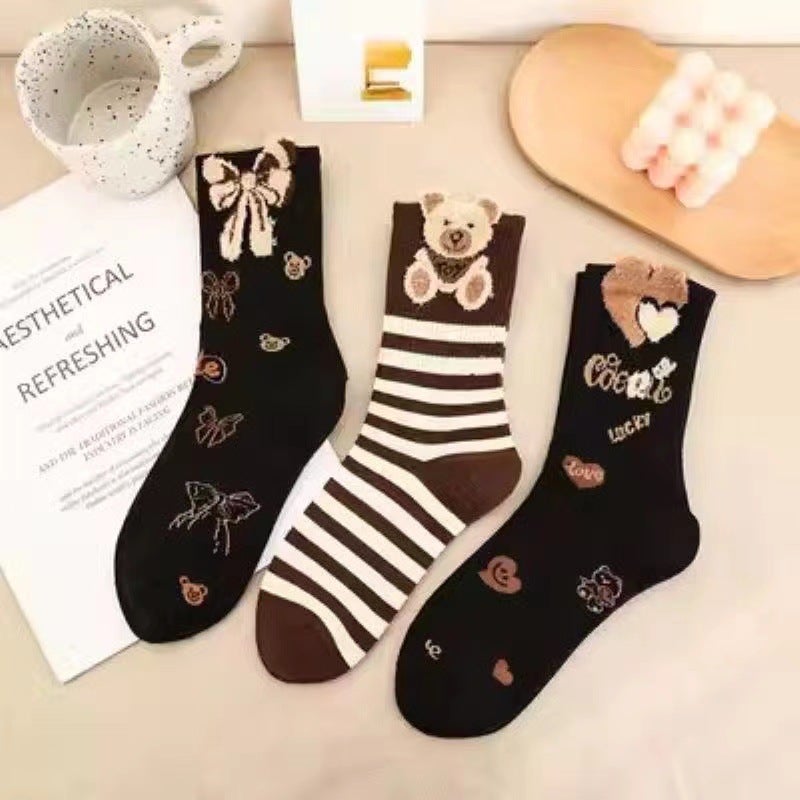 New Brown Feather Yarn Bear Knee-High Socks for Women Flowers  - Image 4
