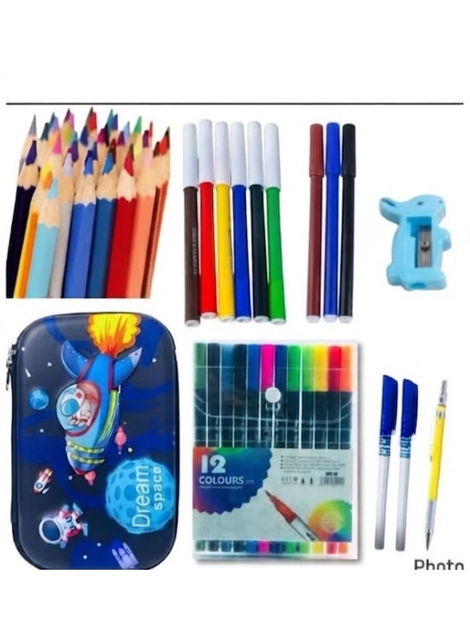 8-piece school supplies set (Astronaut pencil case + 12 colored pencils + 6 felt-tip pens + 12 dual-ended brush pens + 2 blue fine-tipped pens + 1 elastic band pen + rabbit sharpener+ ) - Image 1