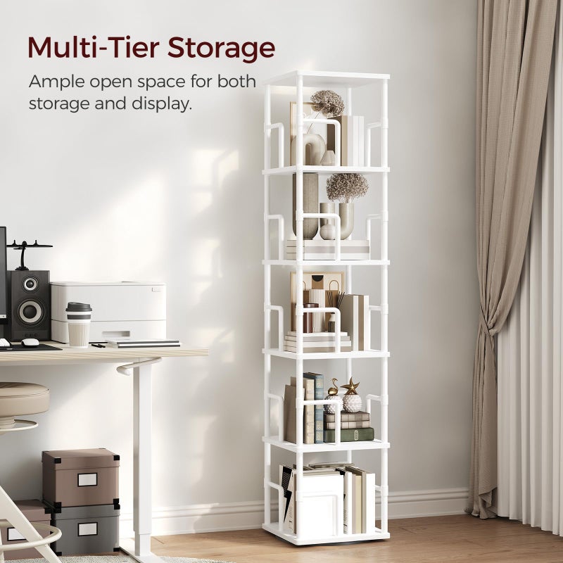 MAHANCRIS 5-Tier Rotating Bookshelf, Freestanding Corner Bookshelf, 360Â° Spinning Bookcase, Industrial Style Storage Rack with Rails, for Living Room, Bedroom, Study, White BKWT1601 - Image 5