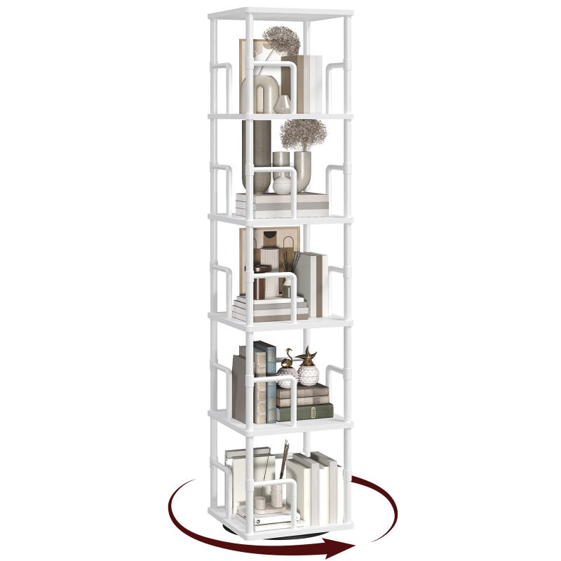 MAHANCRIS 5-Tier Rotating Bookshelf, Freestanding Corner Bookshelf, 360Â° Spinning Bookcase, Industrial Style Storage Rack with Rails, for Living Room, Bedroom, Study, White BKWT1601 - Image 1