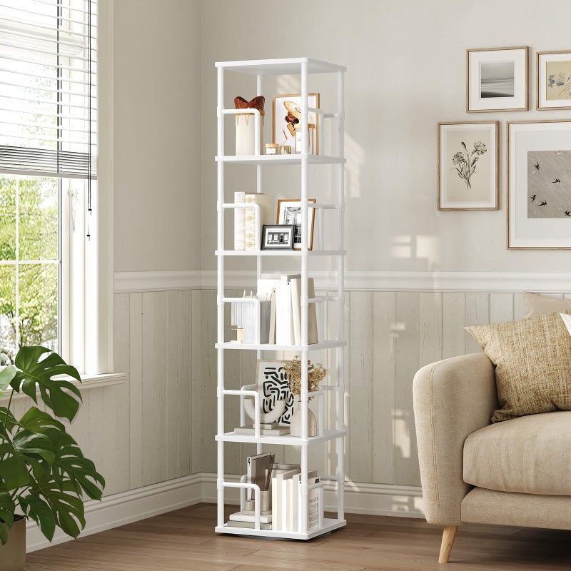 MAHANCRIS 5-Tier Rotating Bookshelf, Freestanding Corner Bookshelf, 360Â° Spinning Bookcase, Industrial Style Storage Rack with Rails, for Living Room, Bedroom, Study, White BKWT1601 - Image 2
