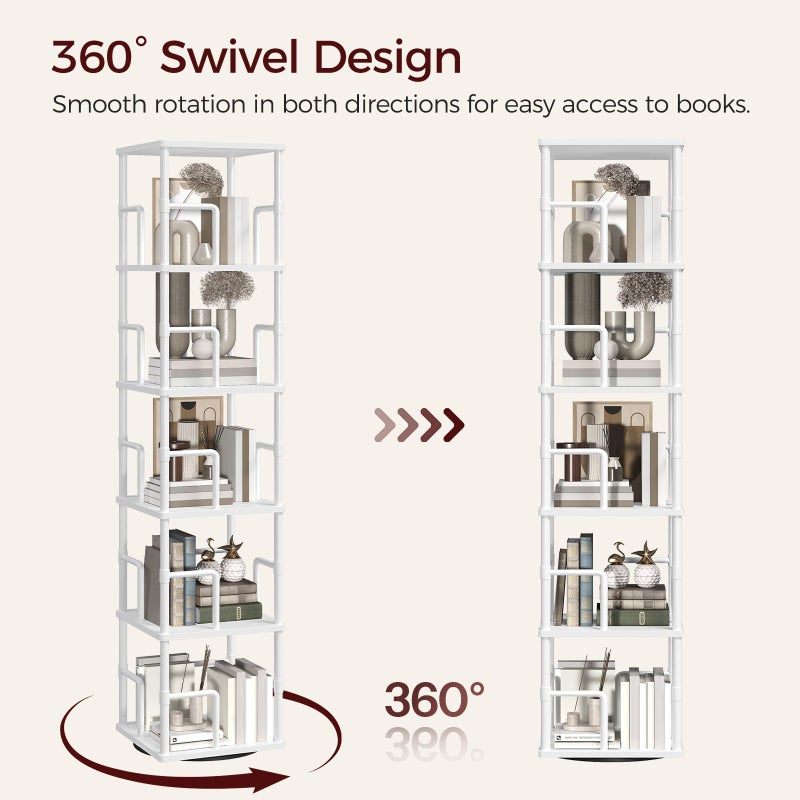 MAHANCRIS 5-Tier Rotating Bookshelf, Freestanding Corner Bookshelf, 360Â° Spinning Bookcase, Industrial Style Storage Rack with Rails, for Living Room, Bedroom, Study, White BKWT1601 - Image 4