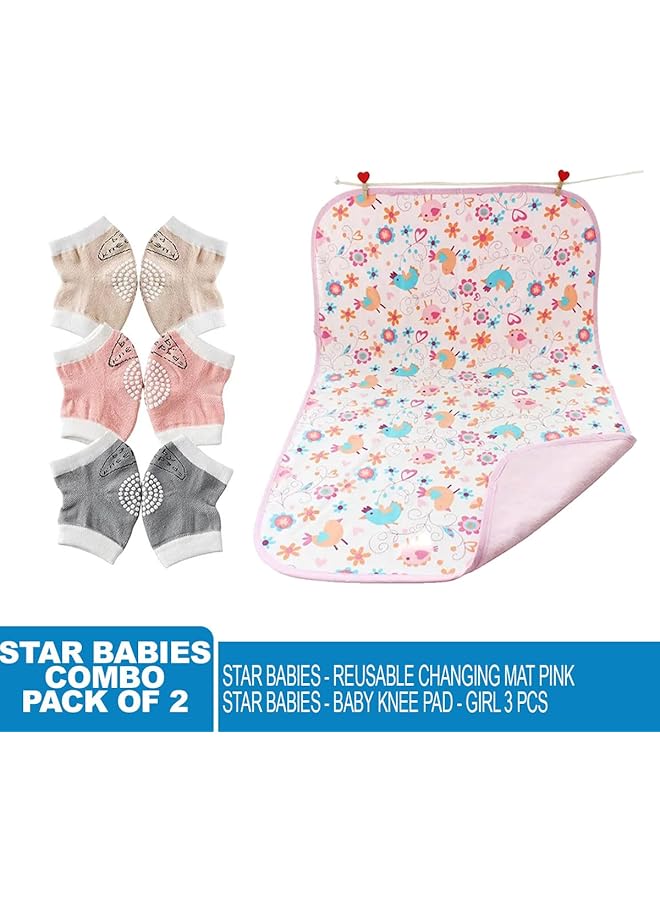 STAR BABiES Combo Pack Of 2 Girls Anti Slip Crawling Kneepads Pack Of 3 With Reusable Changing Mats Pink - Image 2